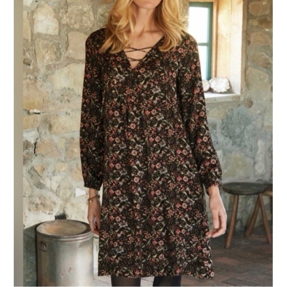 Peruvian Connection XL Floral Midi Dress V Neck Black Purple Peasant Pleated - Picture 1 of 11